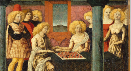 Renaissance era painting featuring a group of people sitting around a chess board