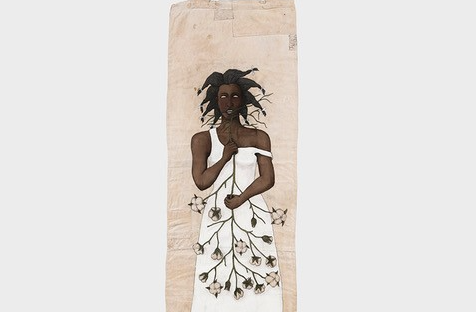 Painting featuring a black woman holding a cotton plant