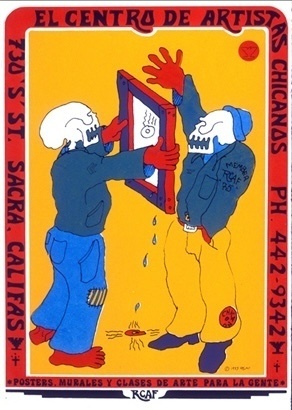 Flyer with two skeletons dressed as men that reads "El Centro de Artistas Chicanos"