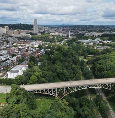 Aerial view of South Oakland in Pittsburgh