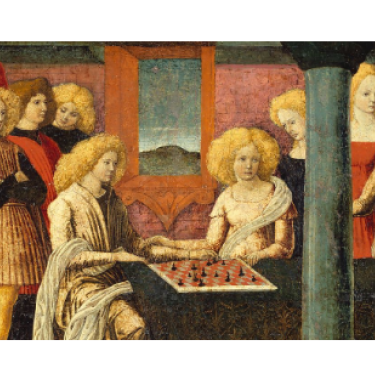 Renaissance era painting featuring a group of people sitting around a chess board