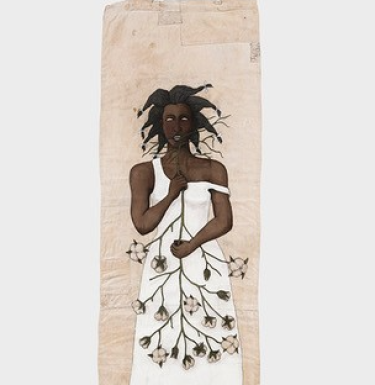 Painting featuring a black woman holding a cotton plant